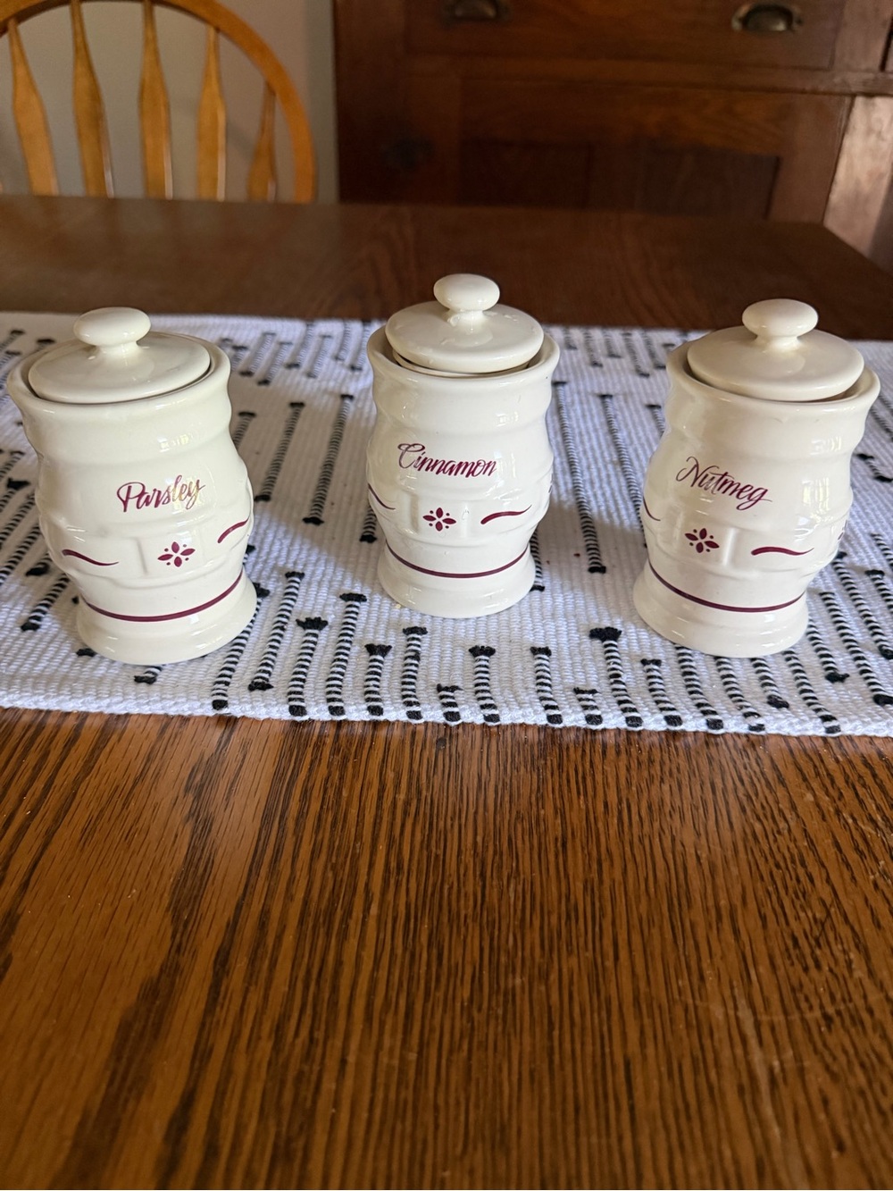 Longaberger Cream Ceramic Spice Jars with Burgundy Accents